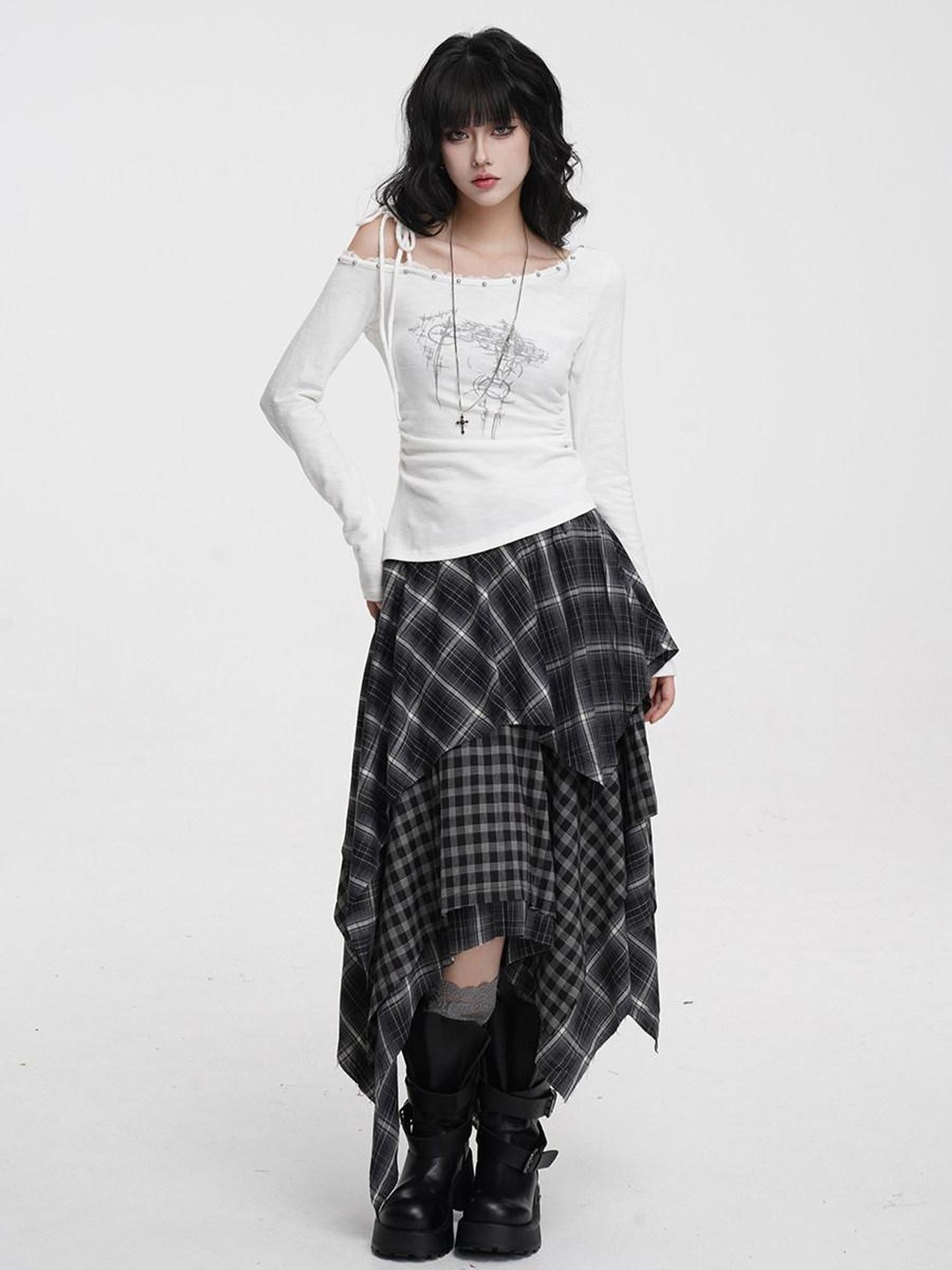 VEEMIX Irregular Plaid Asymmetric A Line Layered Women's Polyester Maxi Skirts