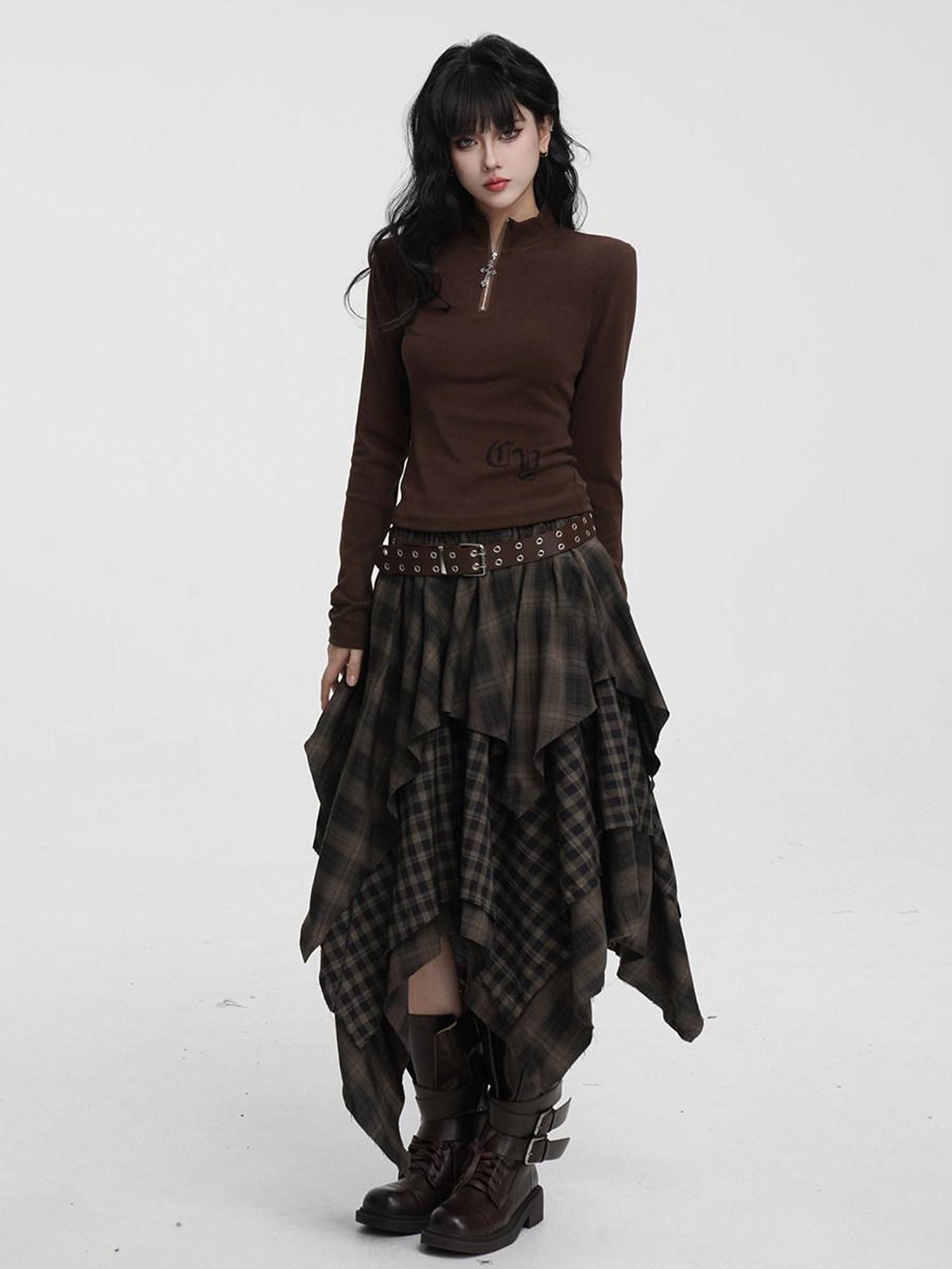 VEEMIX Irregular Plaid Asymmetric A Line Layered Women's Polyester Maxi Skirts