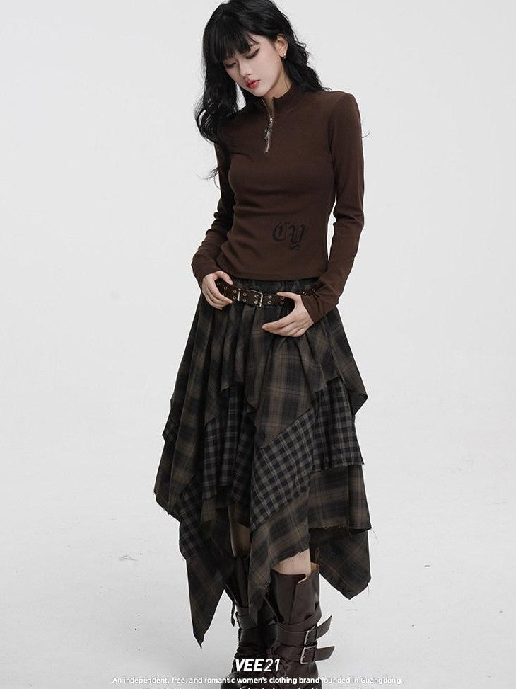 VEEMIX Irregular Plaid Asymmetric A Line Layered Women's Polyester Maxi Skirts
