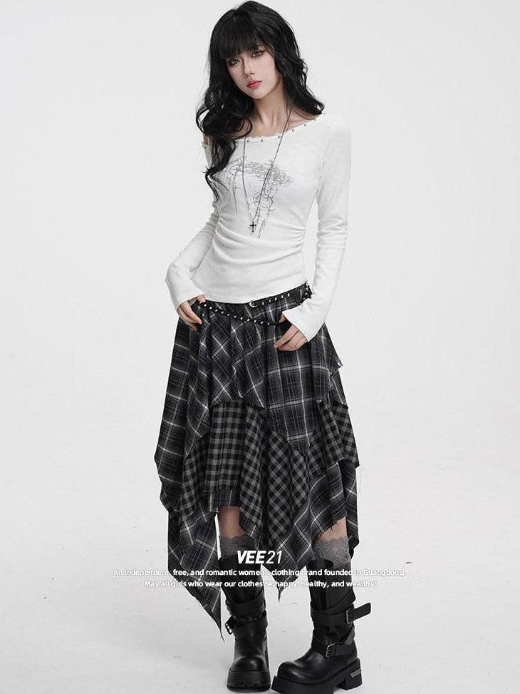 VEEMIX Irregular Plaid Asymmetric A Line Layered Women's Polyester Maxi Skirts
