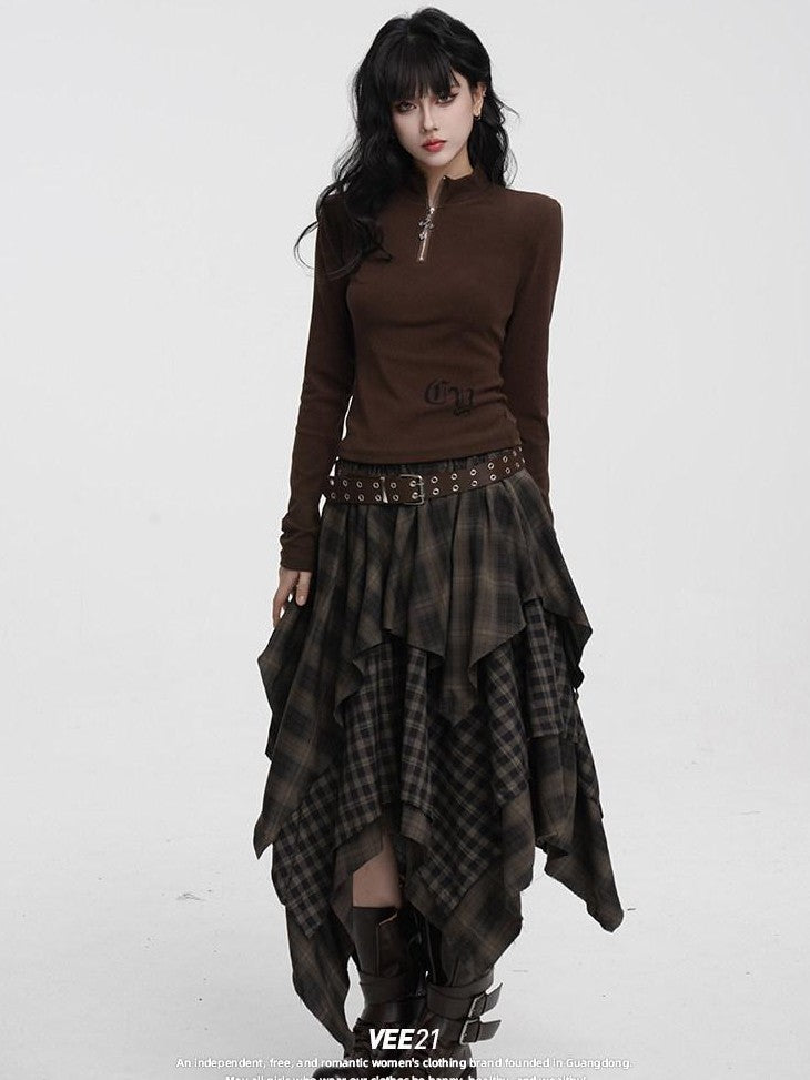 VEEMIX Irregular Plaid Asymmetric A Line Layered Women's Polyester Maxi Skirts