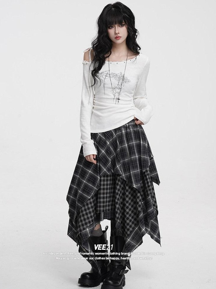VEEMIX Irregular Plaid Asymmetric A Line Layered Women's Polyester Maxi Skirts