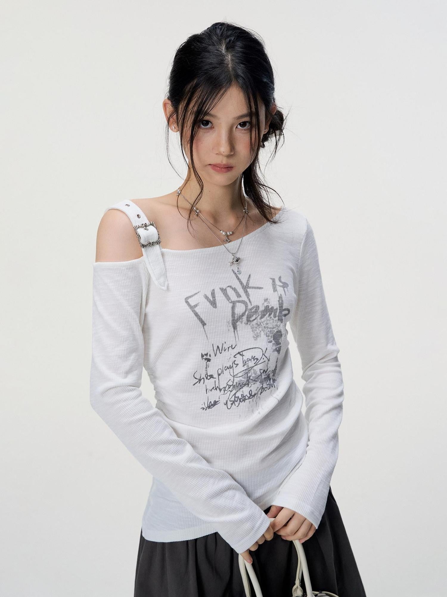 VEEMIX Ivory Asymmetric Ruching Letter Print Women's Polyester Long Sleeve T-shirts