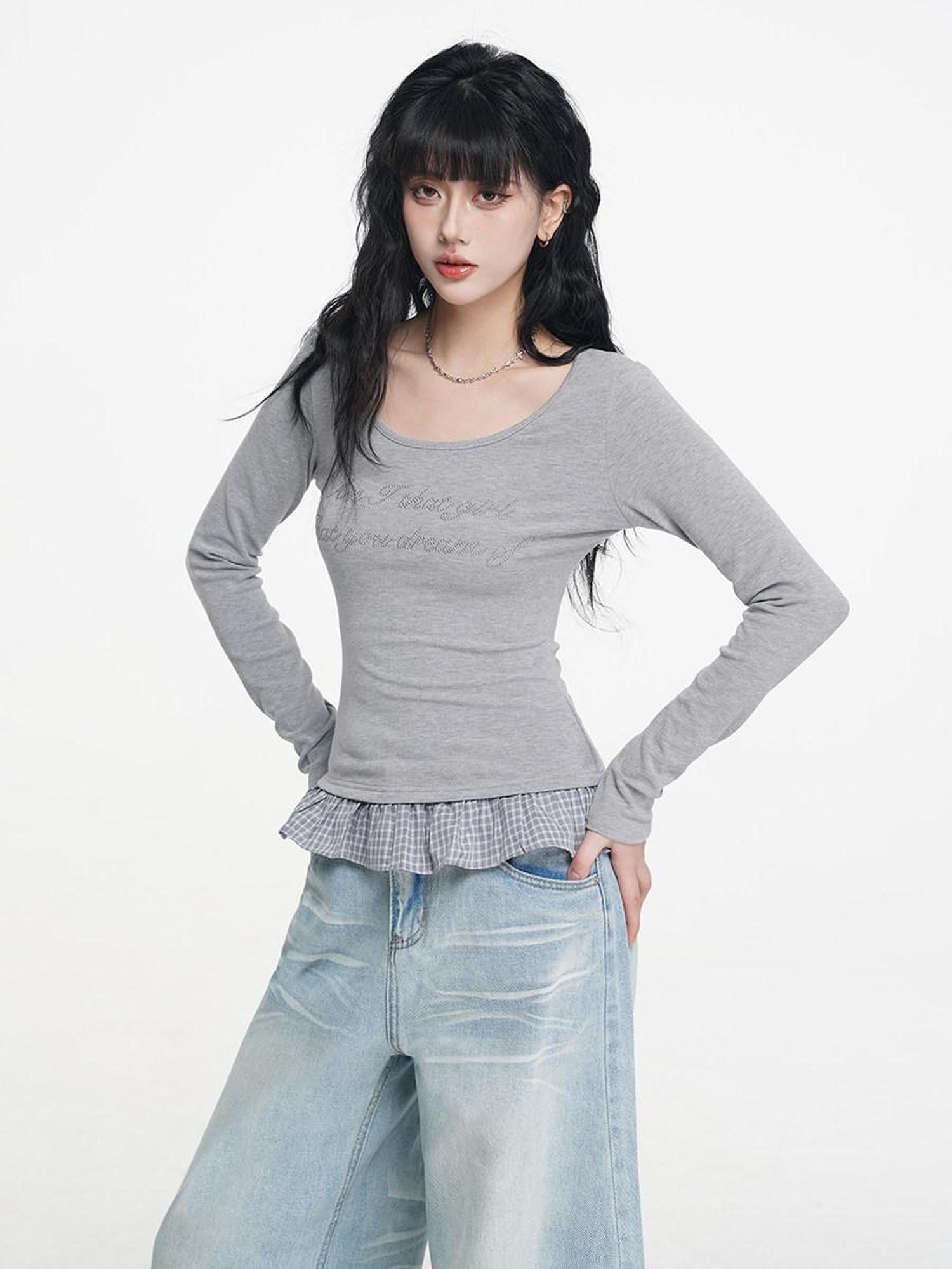 VEEMIX Ivory Beaded Patchwork Layered Women's Nylon Blend Long Sleeve T-shirts