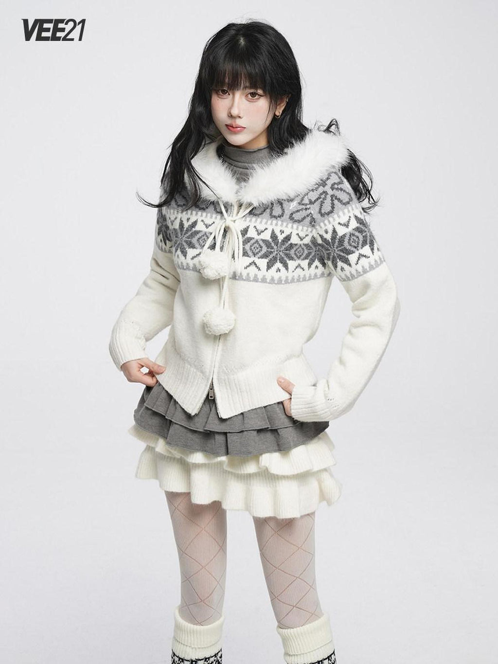 VEEMIX Ivory Fair Isle Hooded Zip Pom Pom Women's Polyester Wool Blend Cardigans