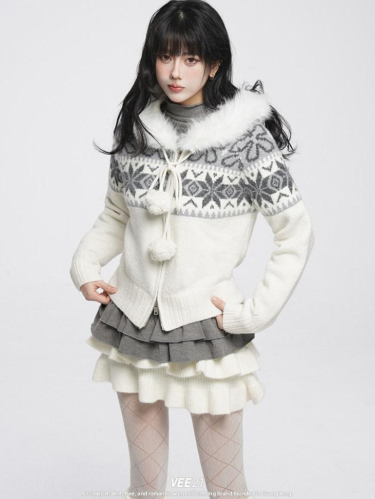 VEEMIX Ivory Fair Isle Hooded Zip Pom Pom Women's Polyester Wool Blend Cardigans