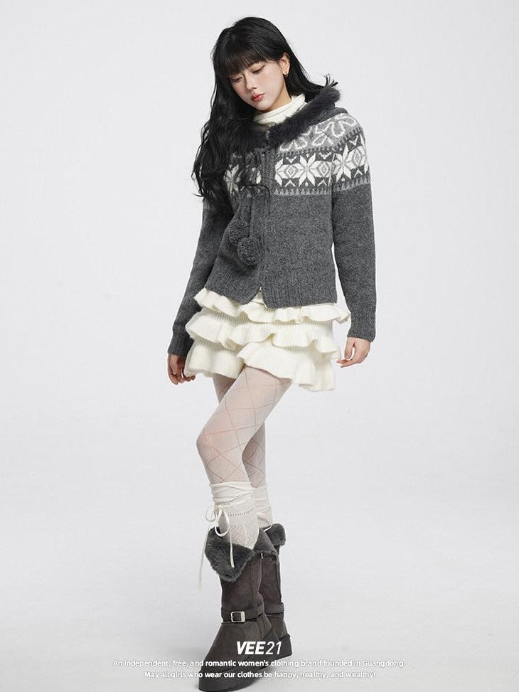 VEEMIX Ivory Fair Isle Hooded Zip Pom Pom Women's Polyester Wool Blend Cardigans