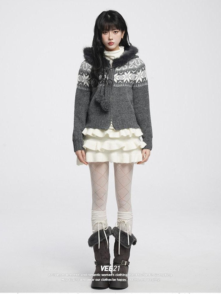 VEEMIX Ivory Fair Isle Hooded Zip Pom Pom Women's Polyester Wool Blend Cardigans