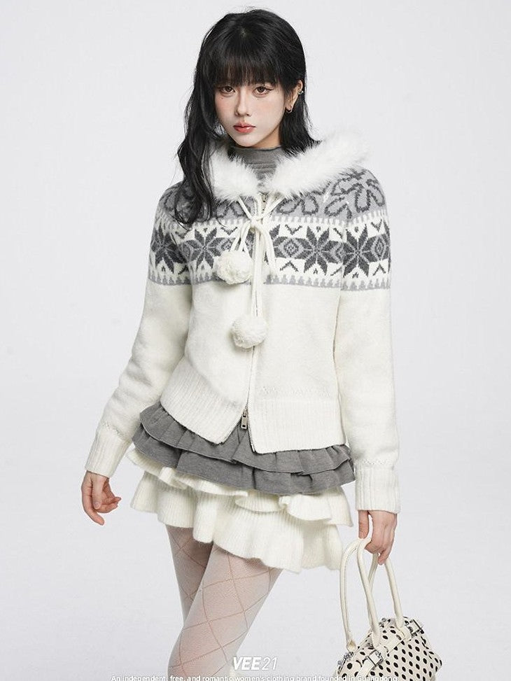 VEEMIX Ivory Fair Isle Hooded Zip Pom Pom Women's Polyester Wool Blend Cardigans