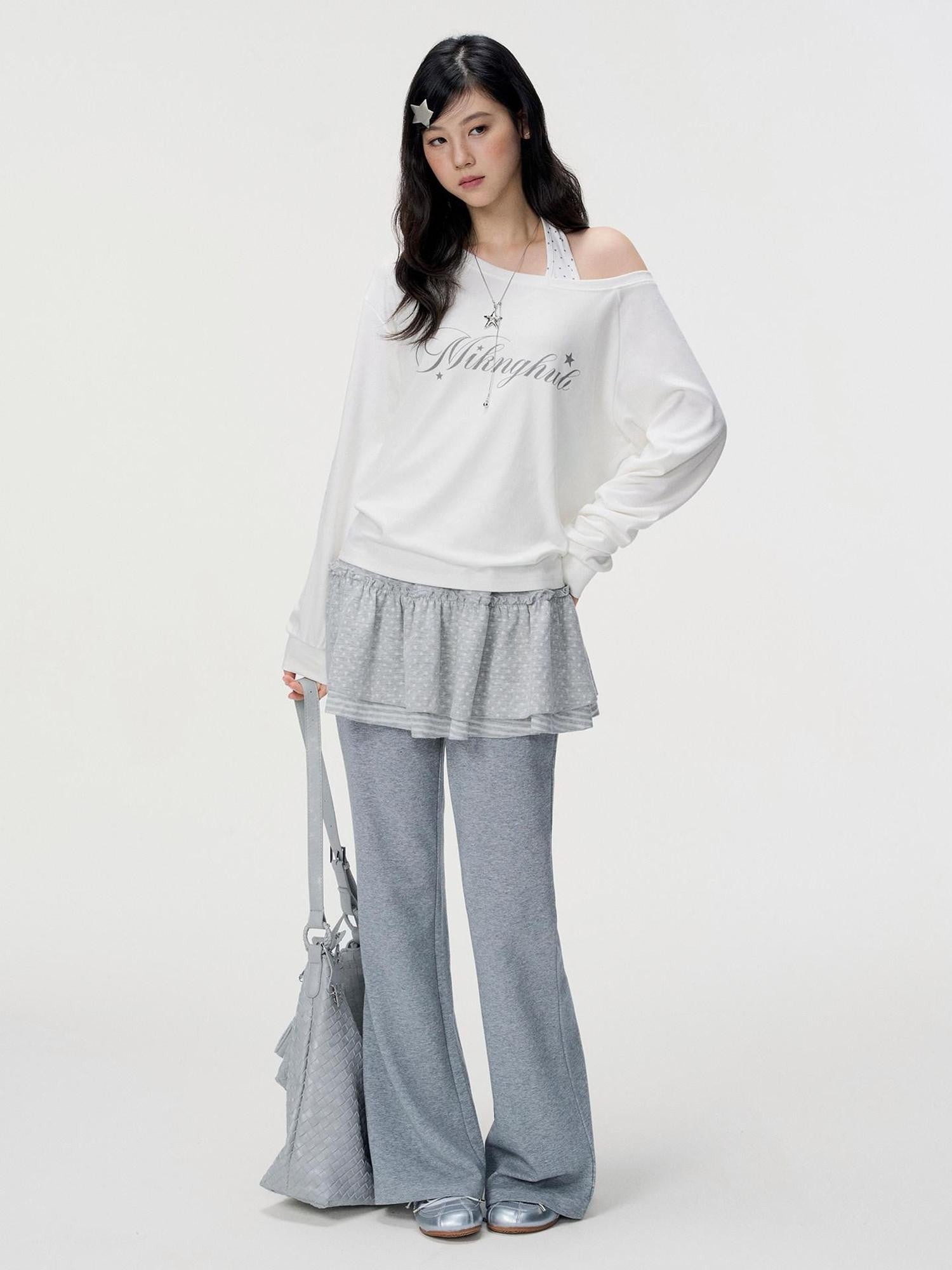 VEEMIX Ivory Halter Asymmetric Polka Print Women's Cotton Long Sleeve T-shirts