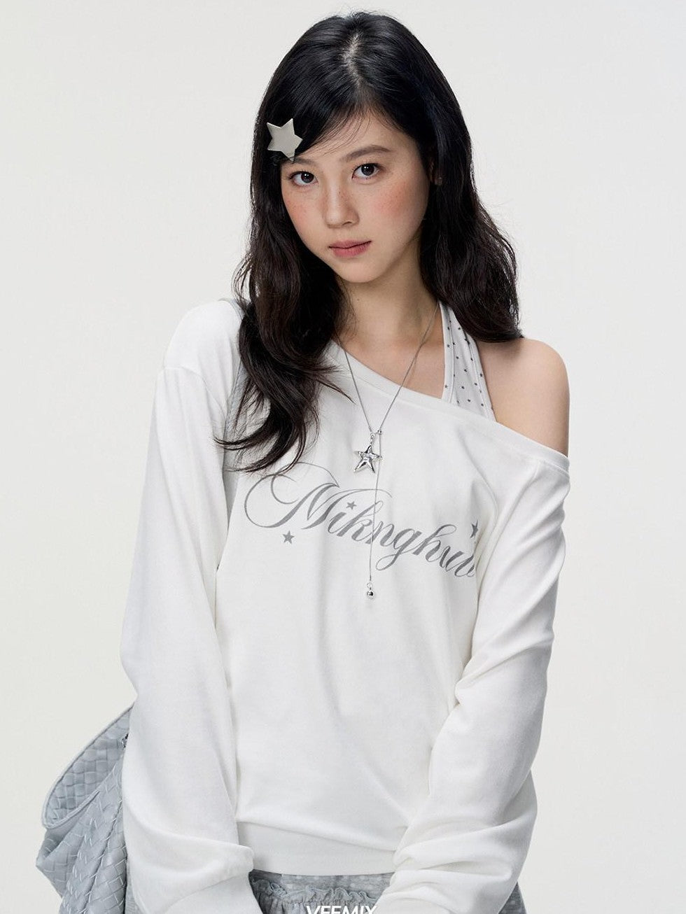 VEEMIX Ivory Halter Asymmetric Polka Print Women's Cotton Long Sleeve T-shirts