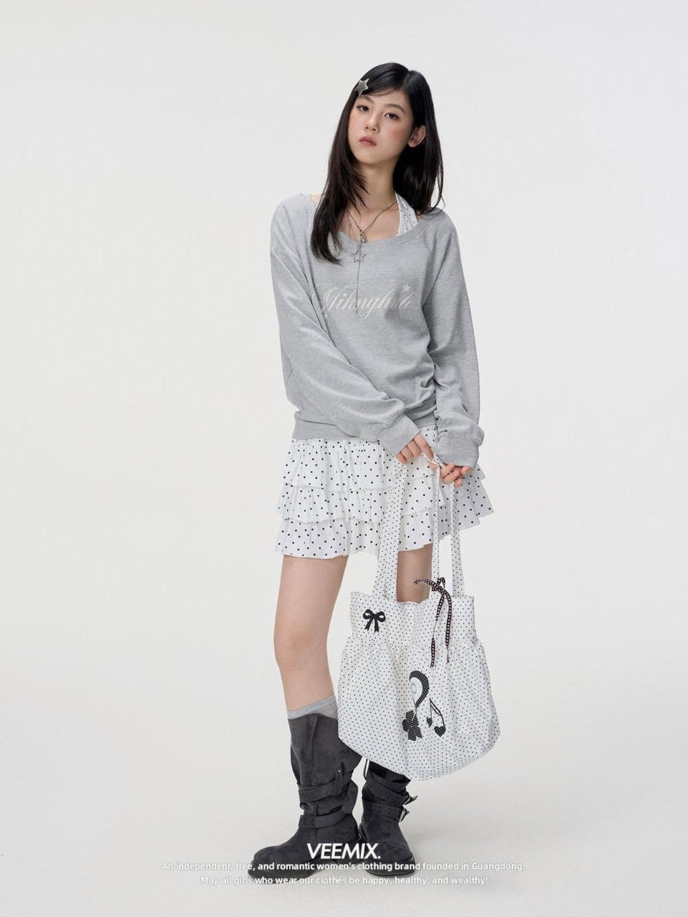VEEMIX Ivory Halter Asymmetric Polka Print Women's Cotton Long Sleeve T-shirts