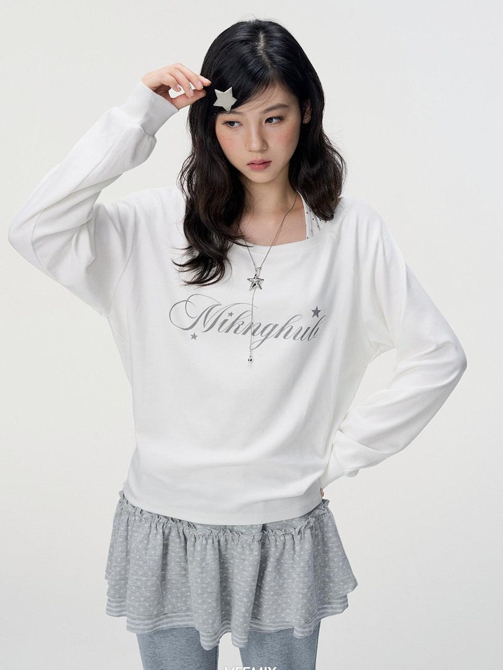 VEEMIX Ivory Halter Asymmetric Polka Print Women's Cotton Long Sleeve T-shirts