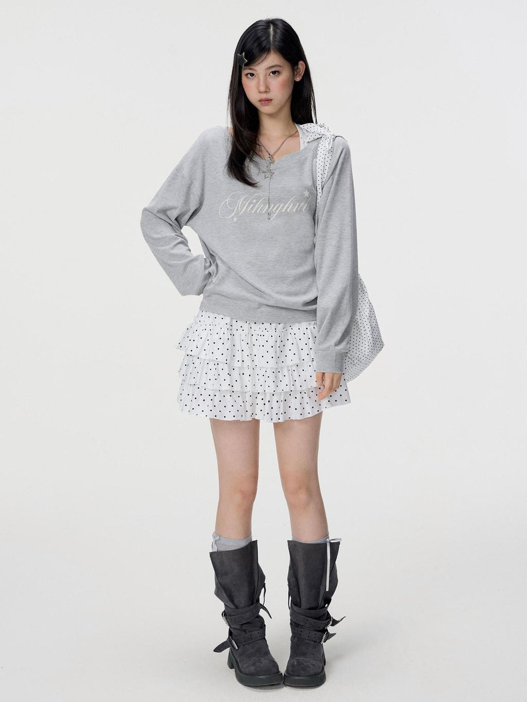 VEEMIX Ivory Halter Asymmetric Polka Print Women's Cotton Long Sleeve T-shirts