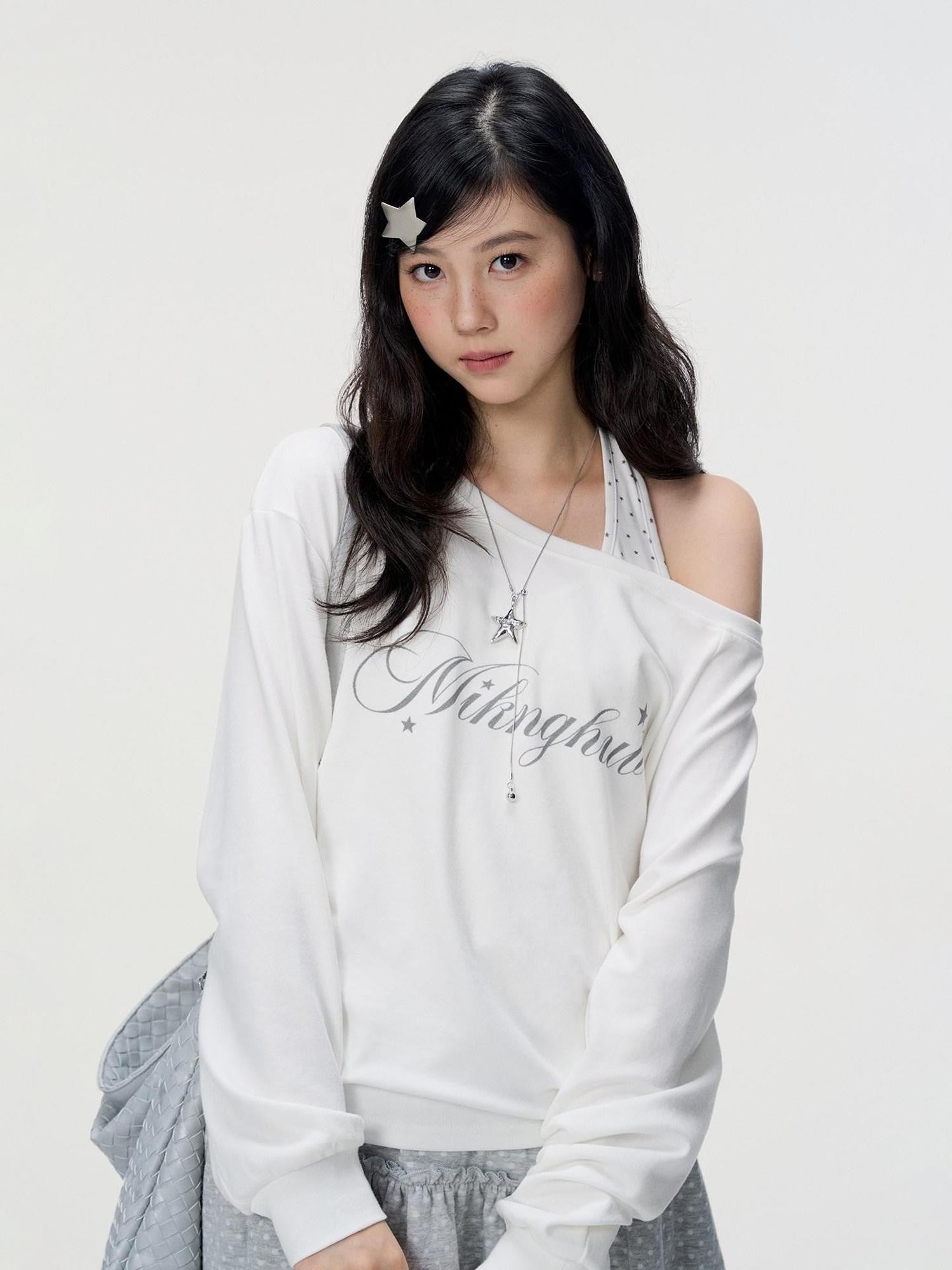 VEEMIX Ivory Halter Asymmetric Polka Print Women's Cotton Long Sleeve T-shirts