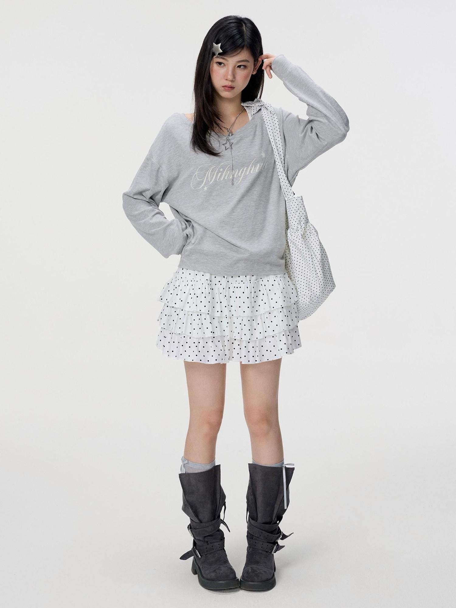 VEEMIX Ivory Halter Asymmetric Polka Print Women's Cotton Long Sleeve T-shirts