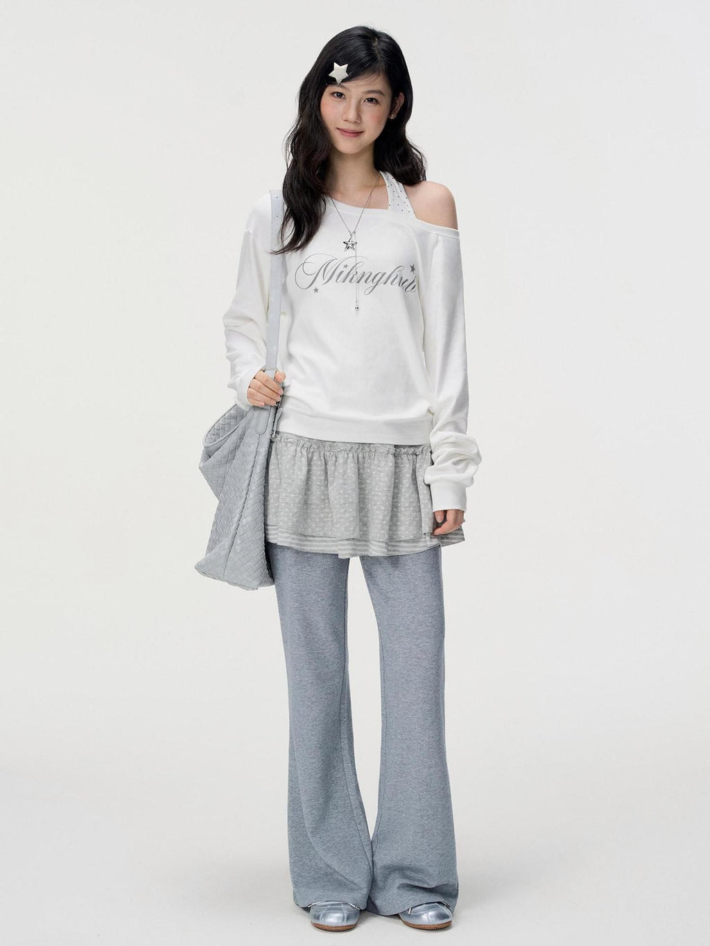 VEEMIX Ivory Halter Asymmetric Polka Print Women's Cotton Long Sleeve T-shirts