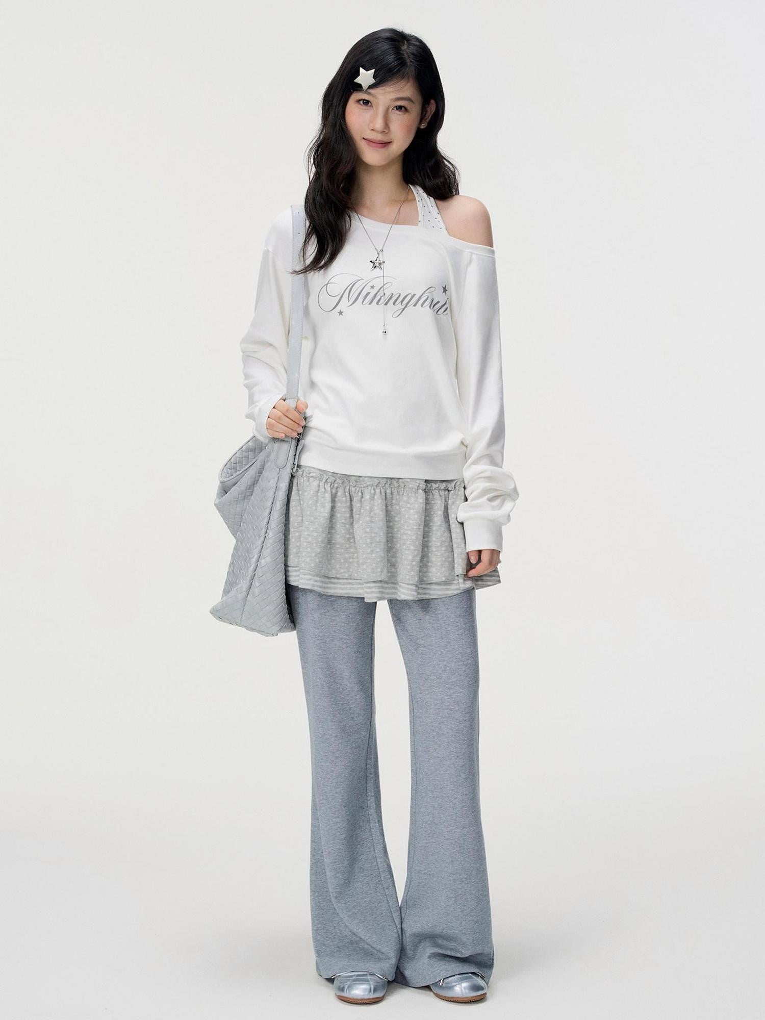 VEEMIX Ivory Halter Asymmetric Polka Print Women's Cotton Long Sleeve T-shirts