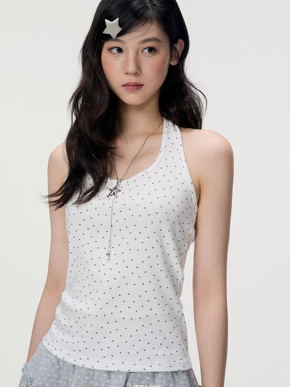 VEEMIX Ivory Halter Asymmetric Polka Print Women's Cotton Long Sleeve T-shirts