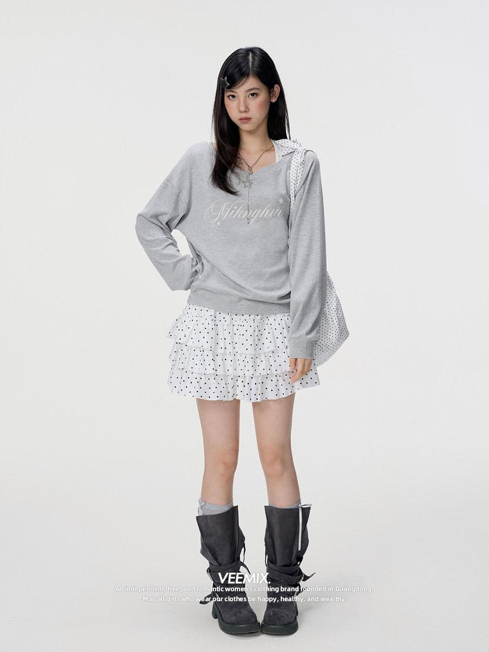 VEEMIX Ivory Halter Asymmetric Polka Print Women's Cotton Long Sleeve T-shirts