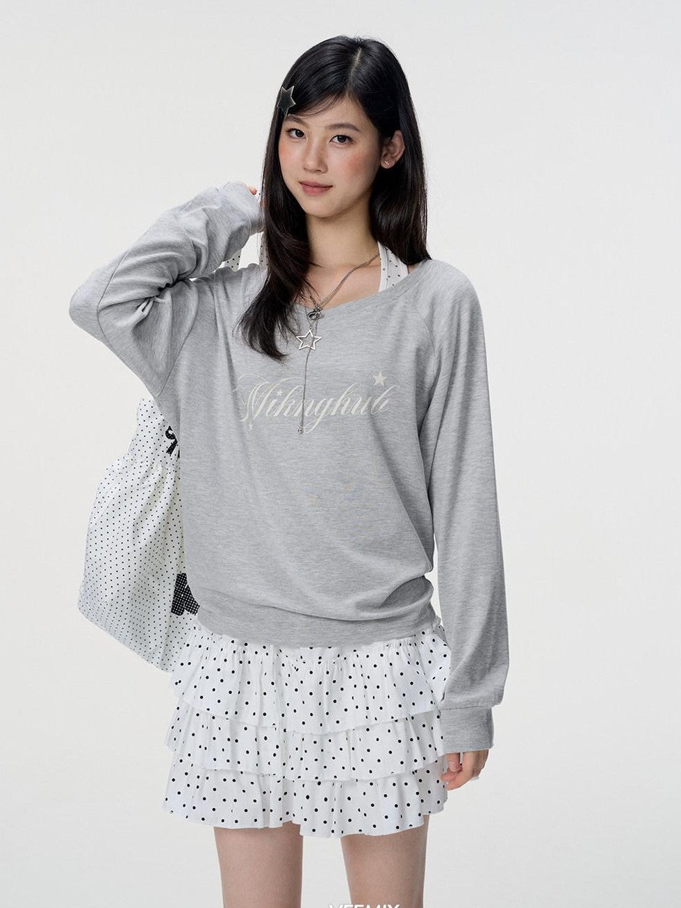 VEEMIX Ivory Halter Asymmetric Polka Print Women's Cotton Long Sleeve T-shirts