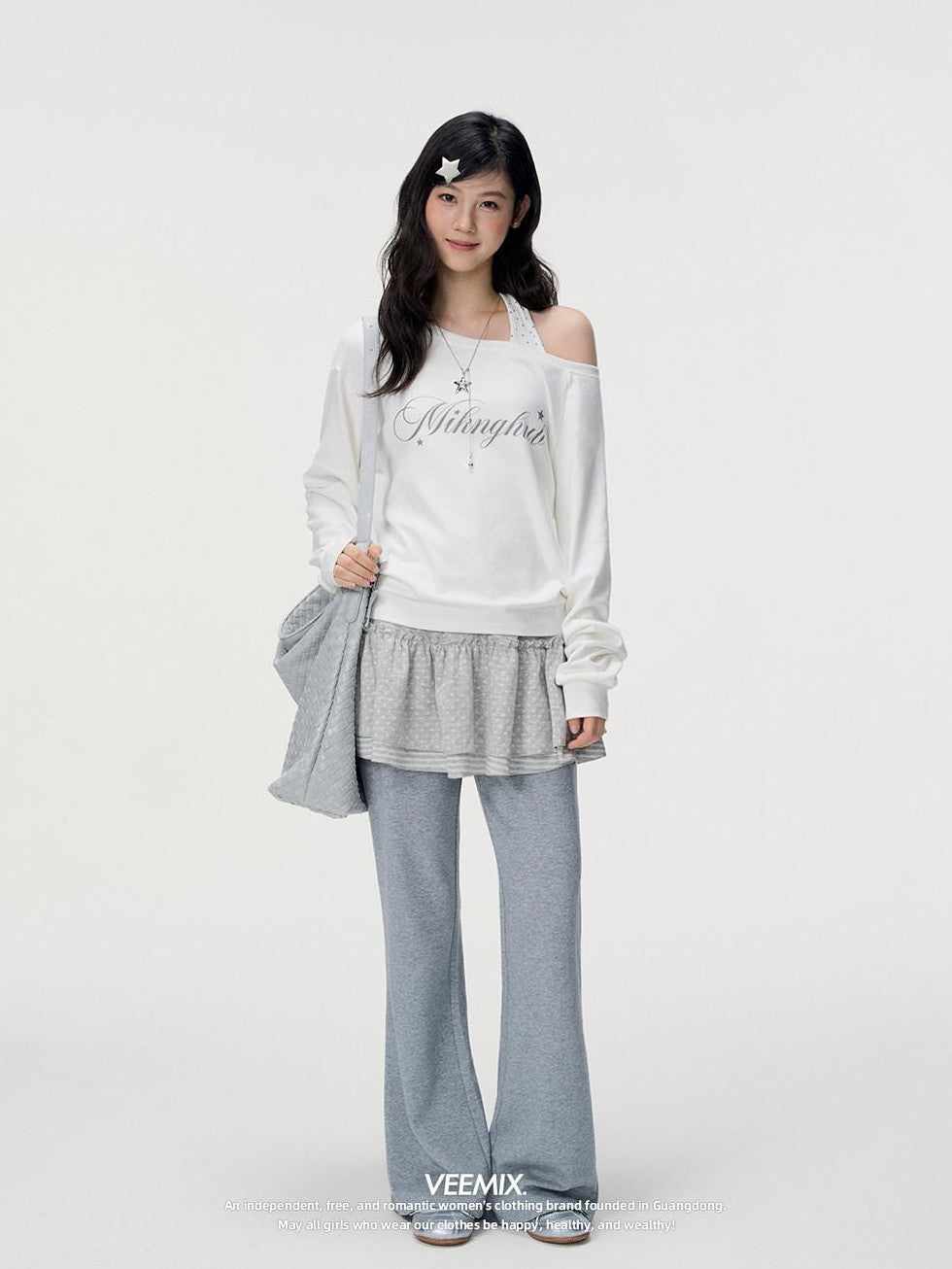 VEEMIX Ivory Halter Asymmetric Polka Print Women's Cotton Long Sleeve T-shirts