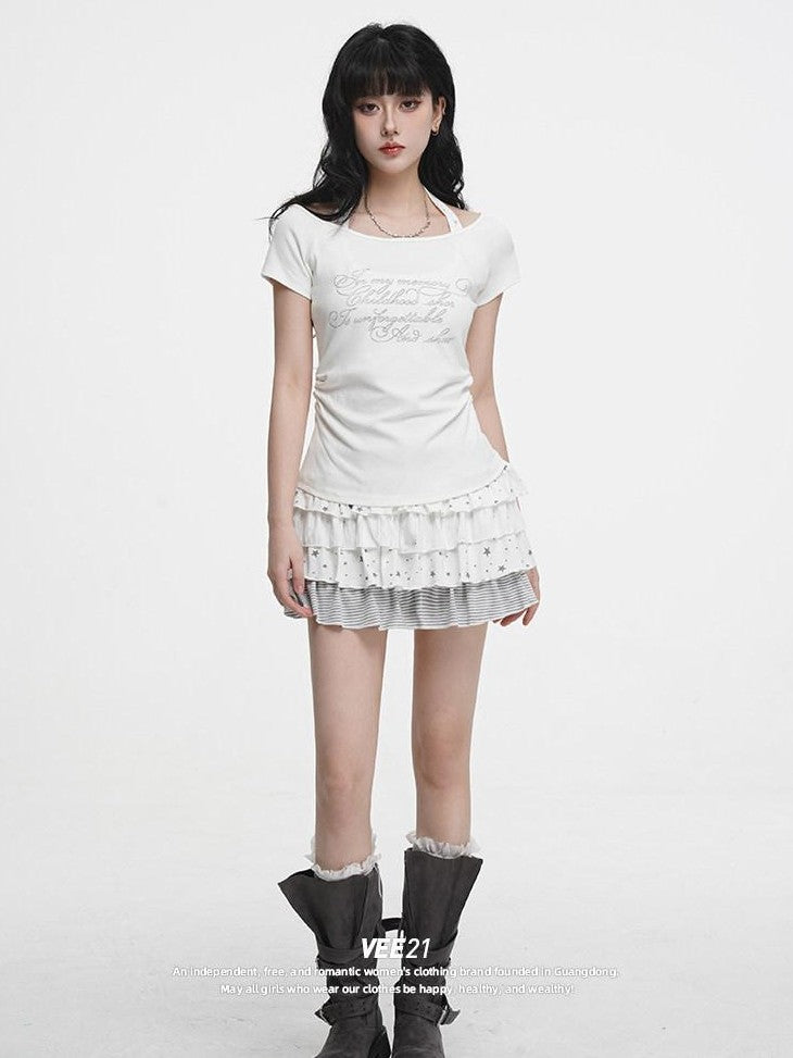 VEEMIX Ivory Halter Faux Layered Cinched Waist Women's Cotton Short Sleeve T-shirts