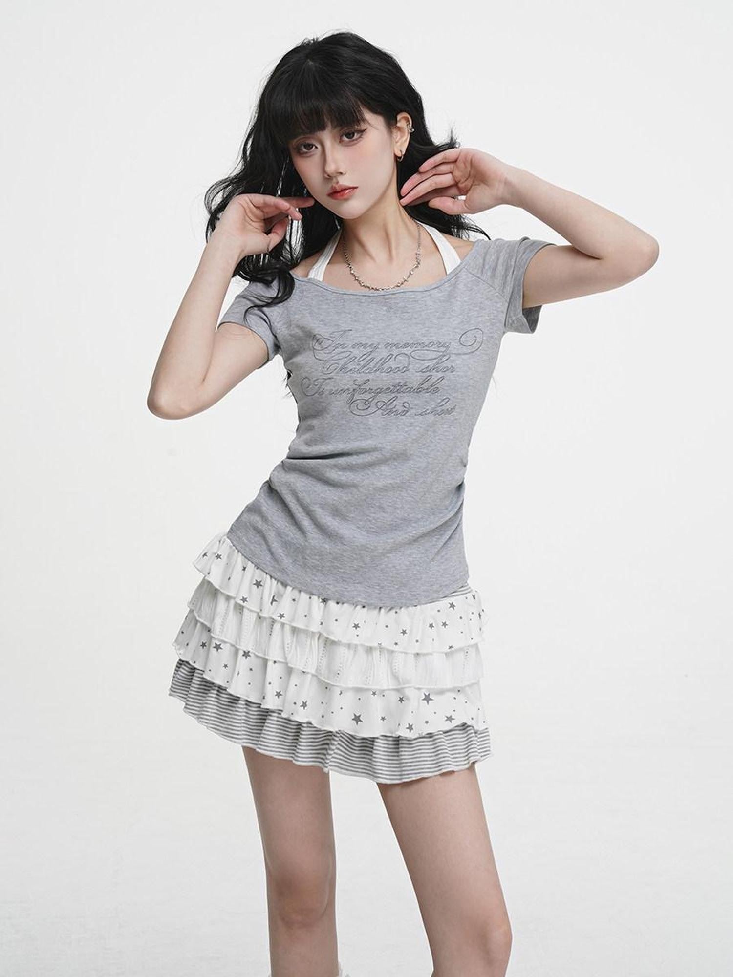 VEEMIX Ivory Halter Faux Layered Cinched Waist Women's Cotton Short Sleeve T-shirts