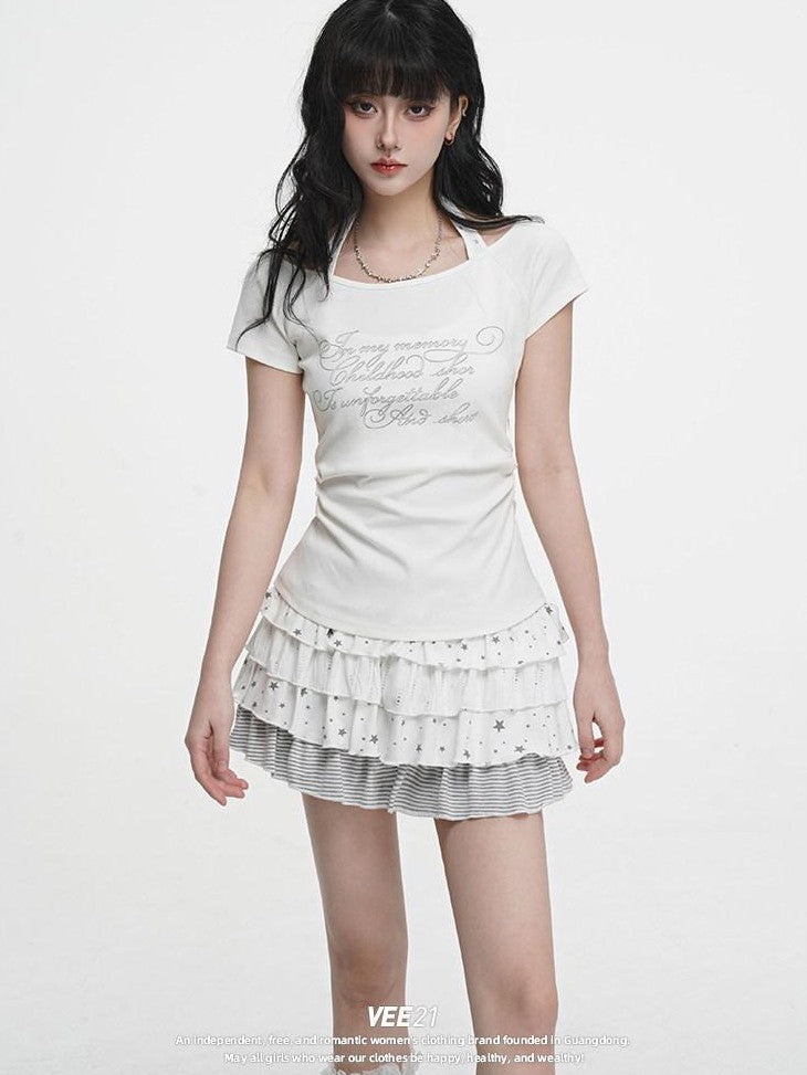 VEEMIX Ivory Halter Faux Layered Cinched Waist Women's Cotton Short Sleeve T-shirts