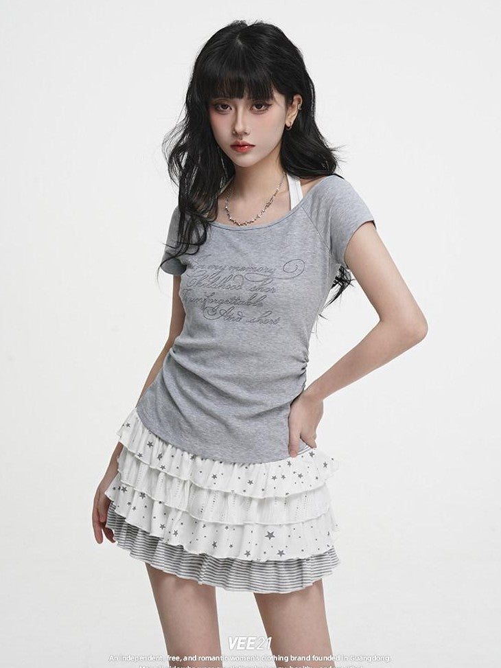 VEEMIX Ivory Halter Faux Layered Cinched Waist Women's Cotton Short Sleeve T-shirts