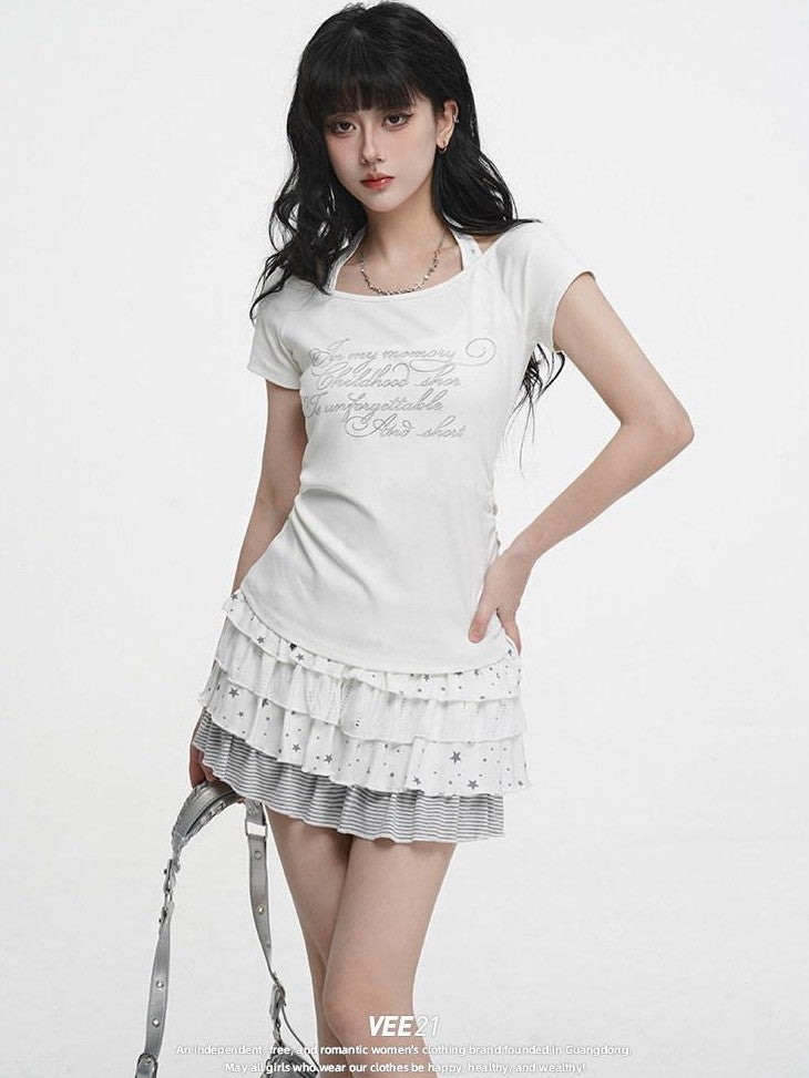 VEEMIX Ivory Halter Faux Layered Cinched Waist Women's Cotton Short Sleeve T-shirts