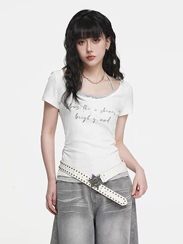VEEMIX_Ivory_Halter_Faux_Two_Piece_Ruched_Letter_Print_Women's_Cotton_Slim_T-shirts_1018613774408_MISSTT