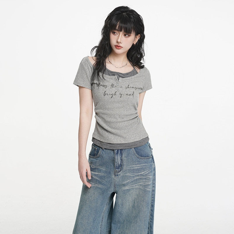 VEEMIX_Ivory_Halter_Faux_Two_Piece_Ruched_Letter_Print_Women's_Cotton_Slim_T-shirts_1018613774408_MISSTT
