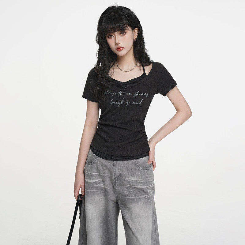 VEEMIX_Ivory_Halter_Faux_Two_Piece_Ruched_Letter_Print_Women's_Cotton_Slim_T-shirts_1018613774408_MISSTT