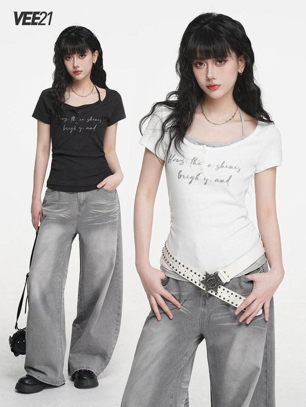 VEEMIX Ivory Halter Faux Two Piece Ruched Letter Print Women's Cotton Slim T-shirts