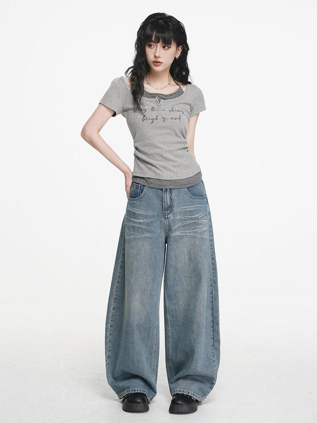VEEMIX Ivory Halter Faux Two Piece Ruched Letter Print Women's Cotton Slim T-shirts