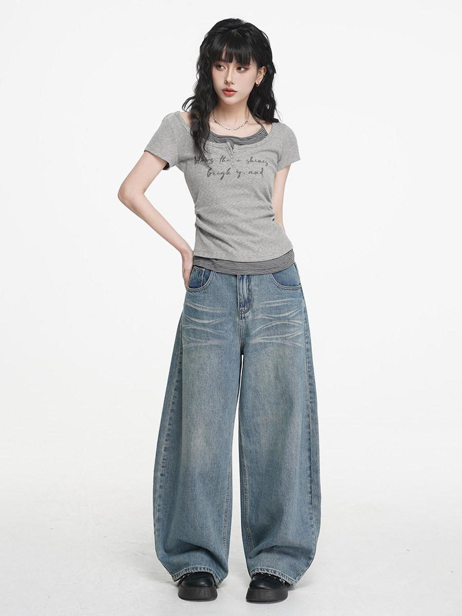 VEEMIX Ivory Halter Faux Two Piece Ruched Letter Print Women's Cotton Slim T-shirts
