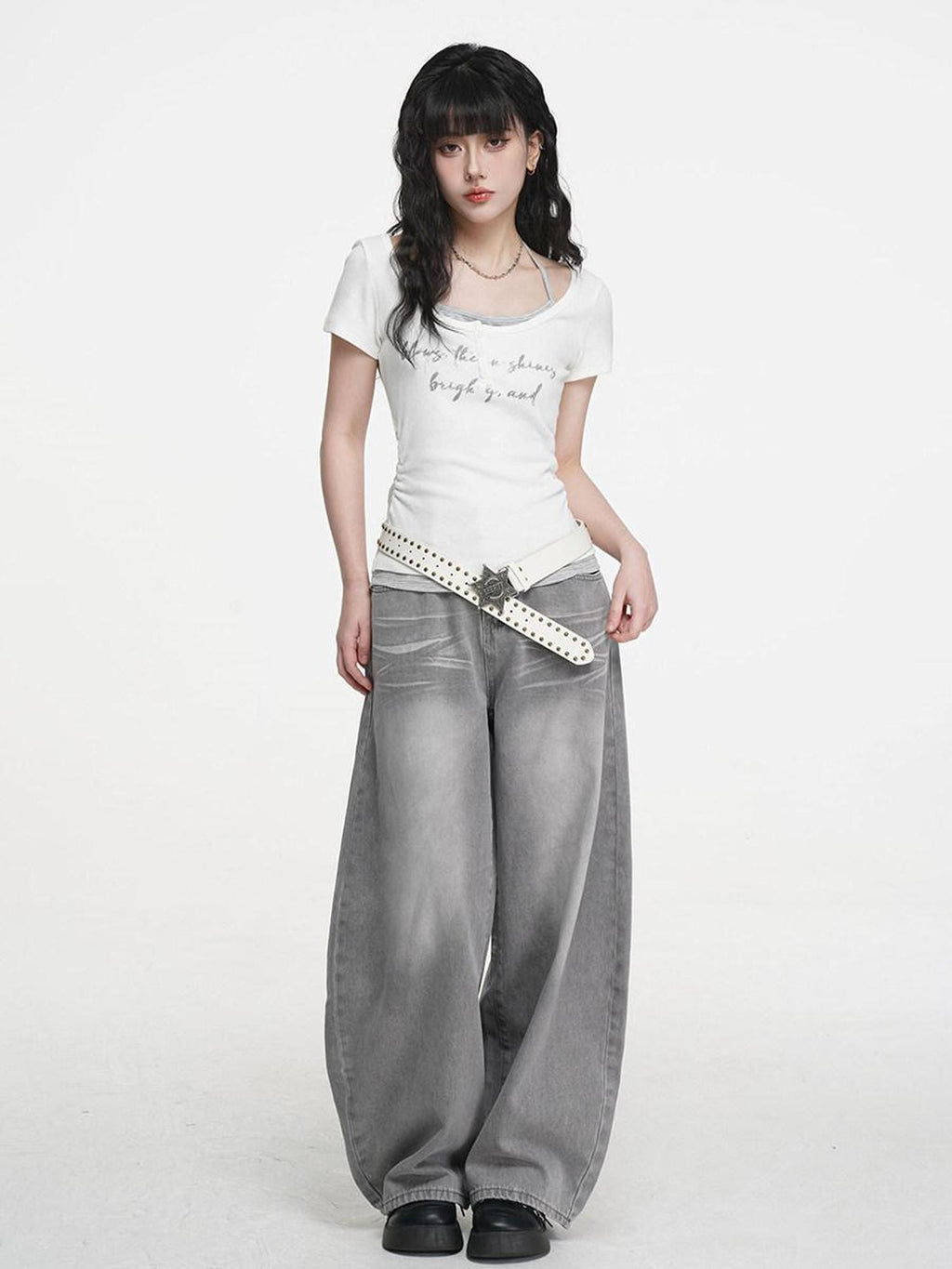 VEEMIX Ivory Halter Faux Two Piece Ruched Letter Print Women's Cotton Slim T-shirts