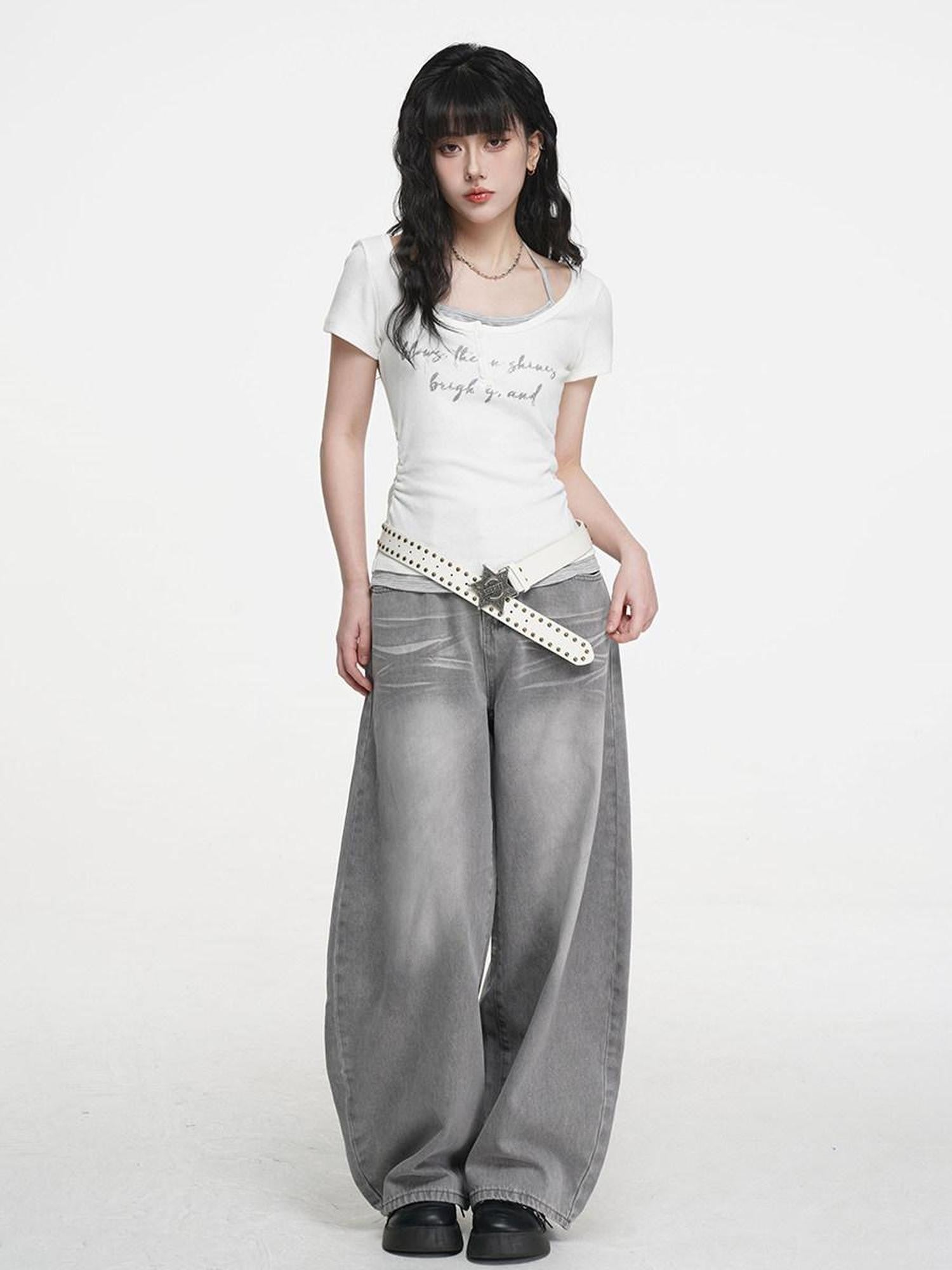 VEEMIX Ivory Halter Faux Two Piece Ruched Letter Print Women's Cotton Slim T-shirts