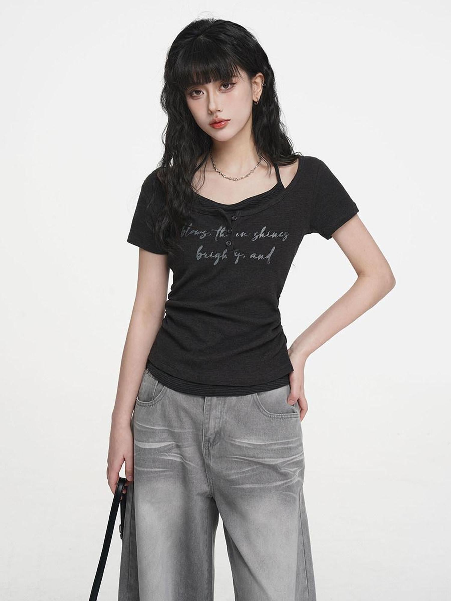 VEEMIX Ivory Halter Faux Two Piece Ruched Letter Print Women's Cotton Slim T-shirts