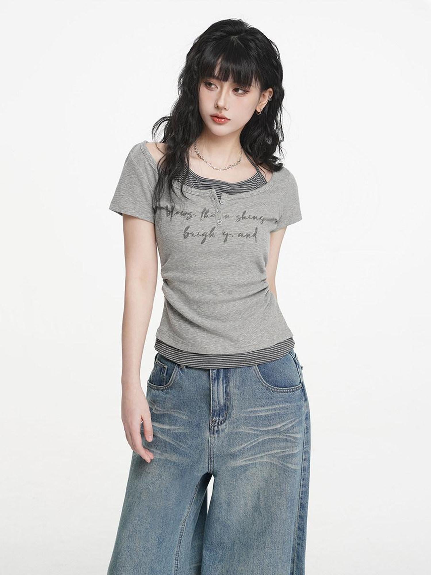 VEEMIX Ivory Halter Faux Two Piece Ruched Letter Print Women's Cotton Slim T-shirts