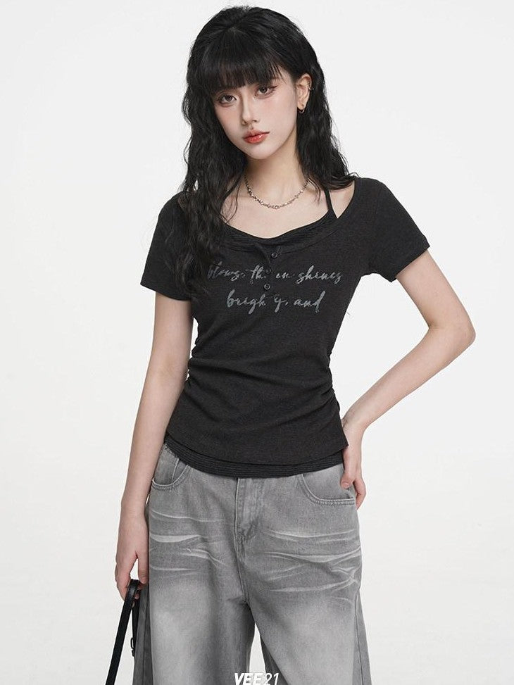 VEEMIX Ivory Halter Faux Two Piece Ruched Letter Print Women's Cotton Slim T-shirts