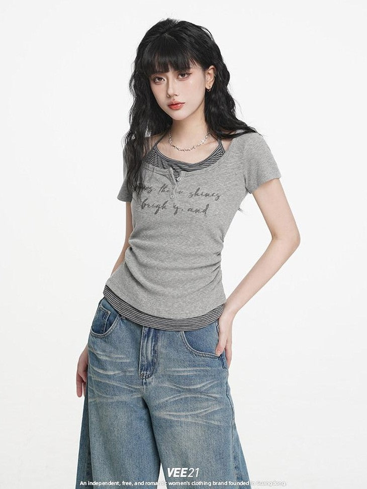 VEEMIX Ivory Halter Faux Two Piece Ruched Letter Print Women's Cotton Slim T-shirts
