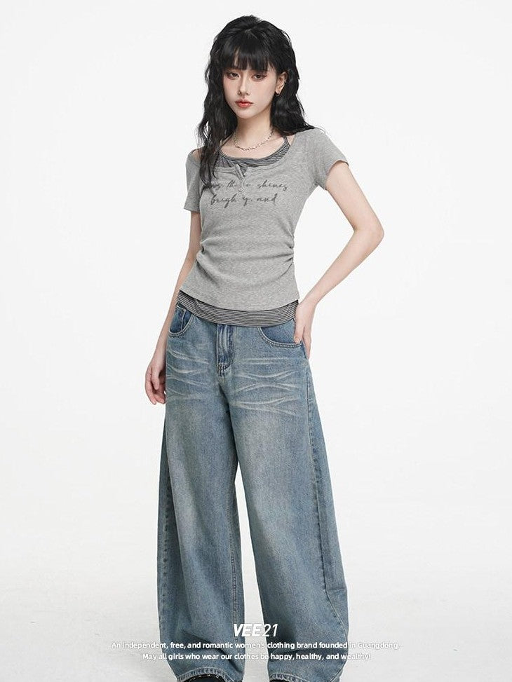 VEEMIX Ivory Halter Faux Two Piece Ruched Letter Print Women's Cotton Slim T-shirts