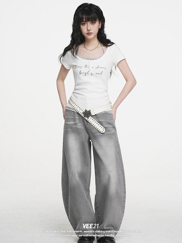VEEMIX Ivory Halter Faux Two Piece Ruched Letter Print Women's Cotton Slim T-shirts