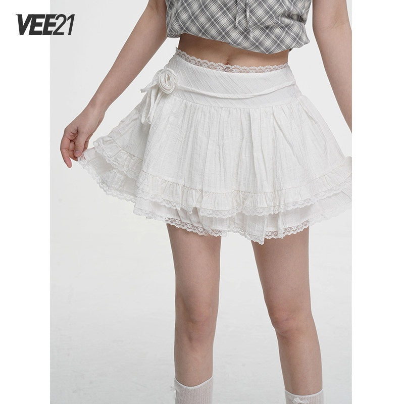 VEEMIX_Ivory_Lace_Trim_A_Line_Bow_Floral_Pleated_Women's_Cotton_Blend_Mini_Skirts_1020394231120_MISSTT