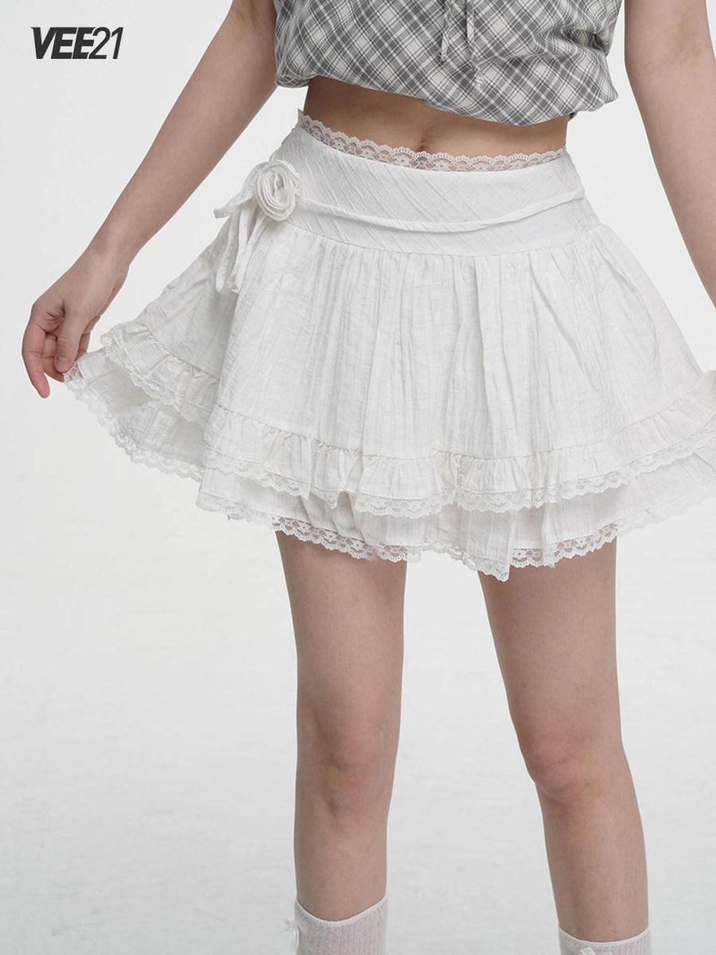 VEEMIX Ivory Lace Trim A Line Bow Floral Pleated Women's Cotton Blend Mini Skirts