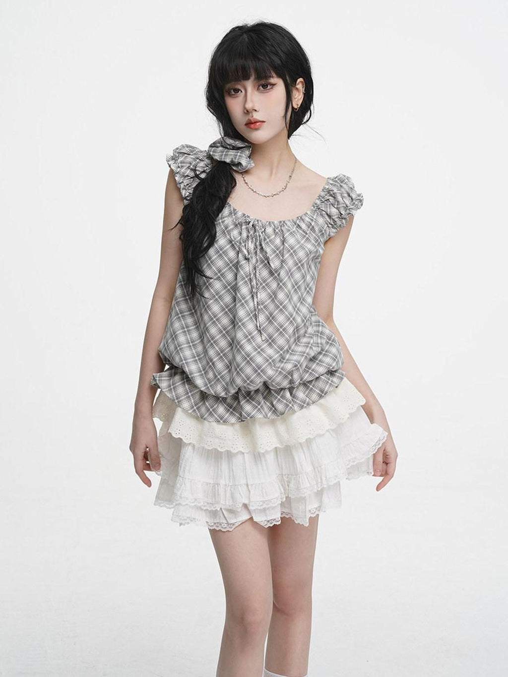 VEEMIX Ivory Lace Trim A Line Bow Floral Pleated Women's Cotton Blend Mini Skirts