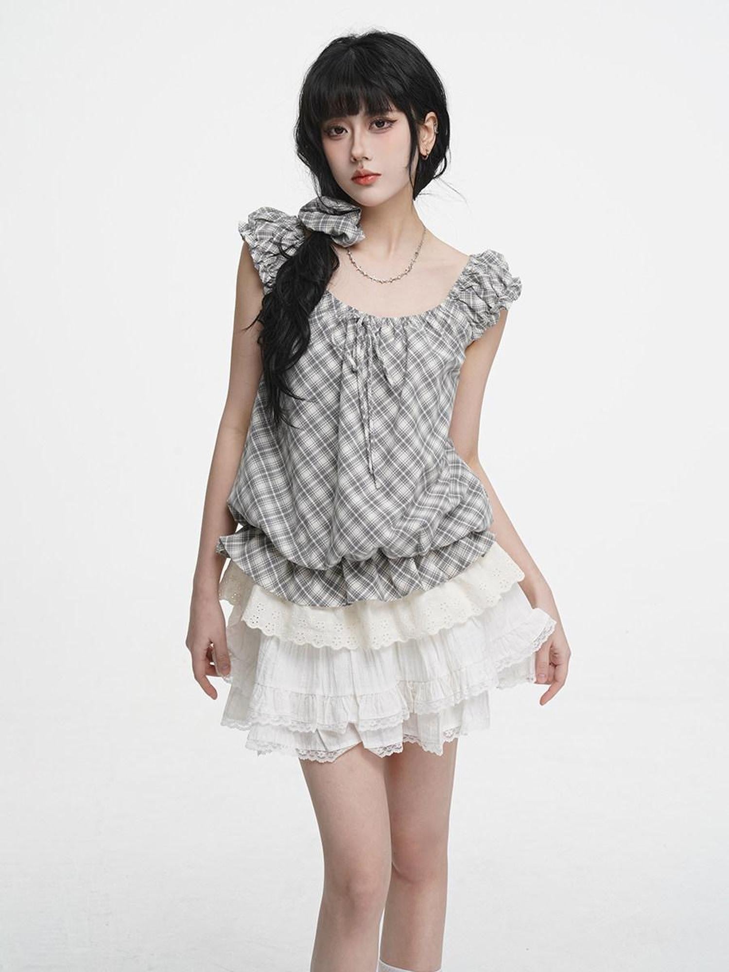 VEEMIX Ivory Lace Trim A Line Bow Floral Pleated Women's Cotton Blend Mini Skirts