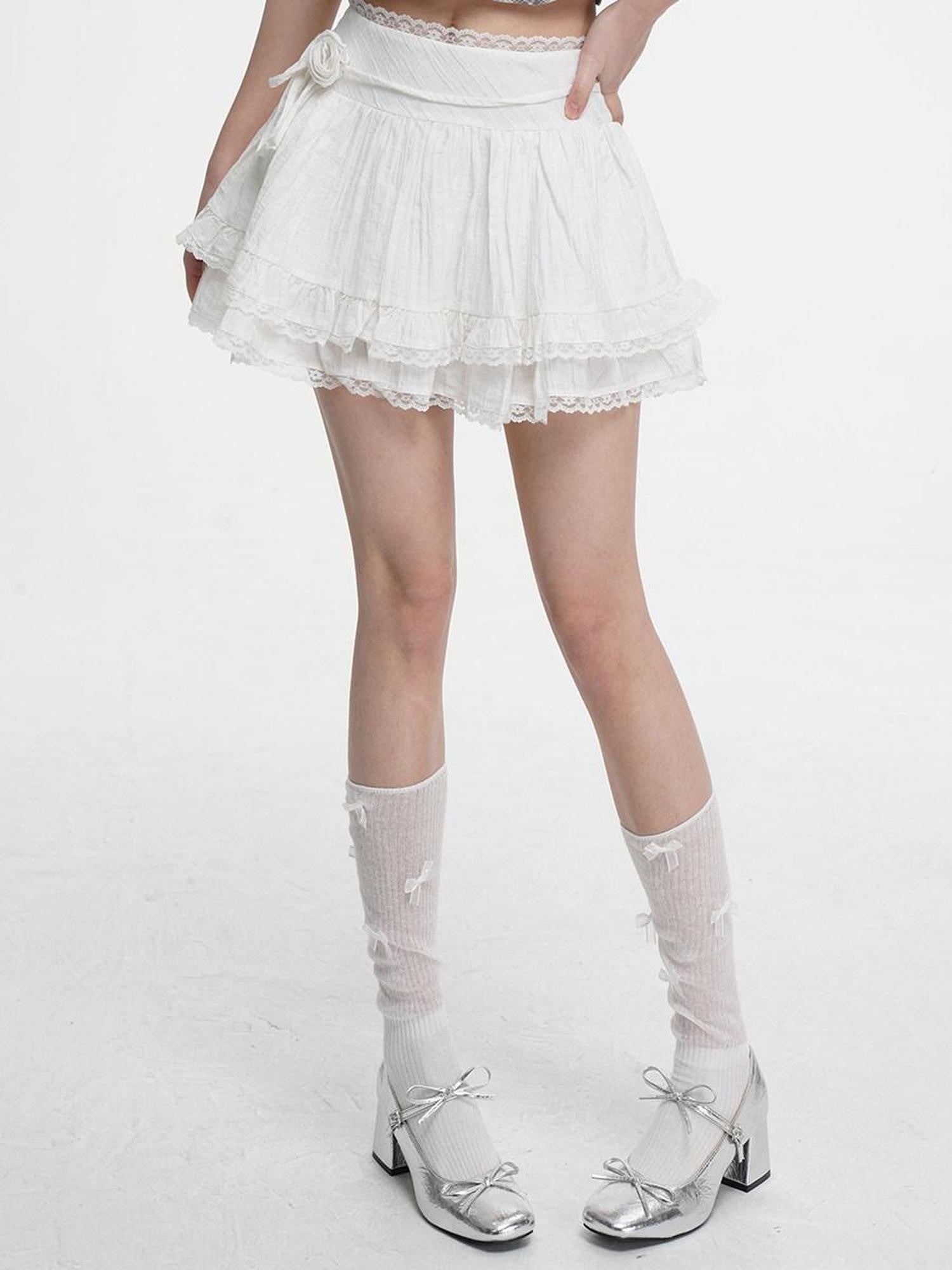 VEEMIX Ivory Lace Trim A Line Bow Floral Pleated Women's Cotton Blend Mini Skirts